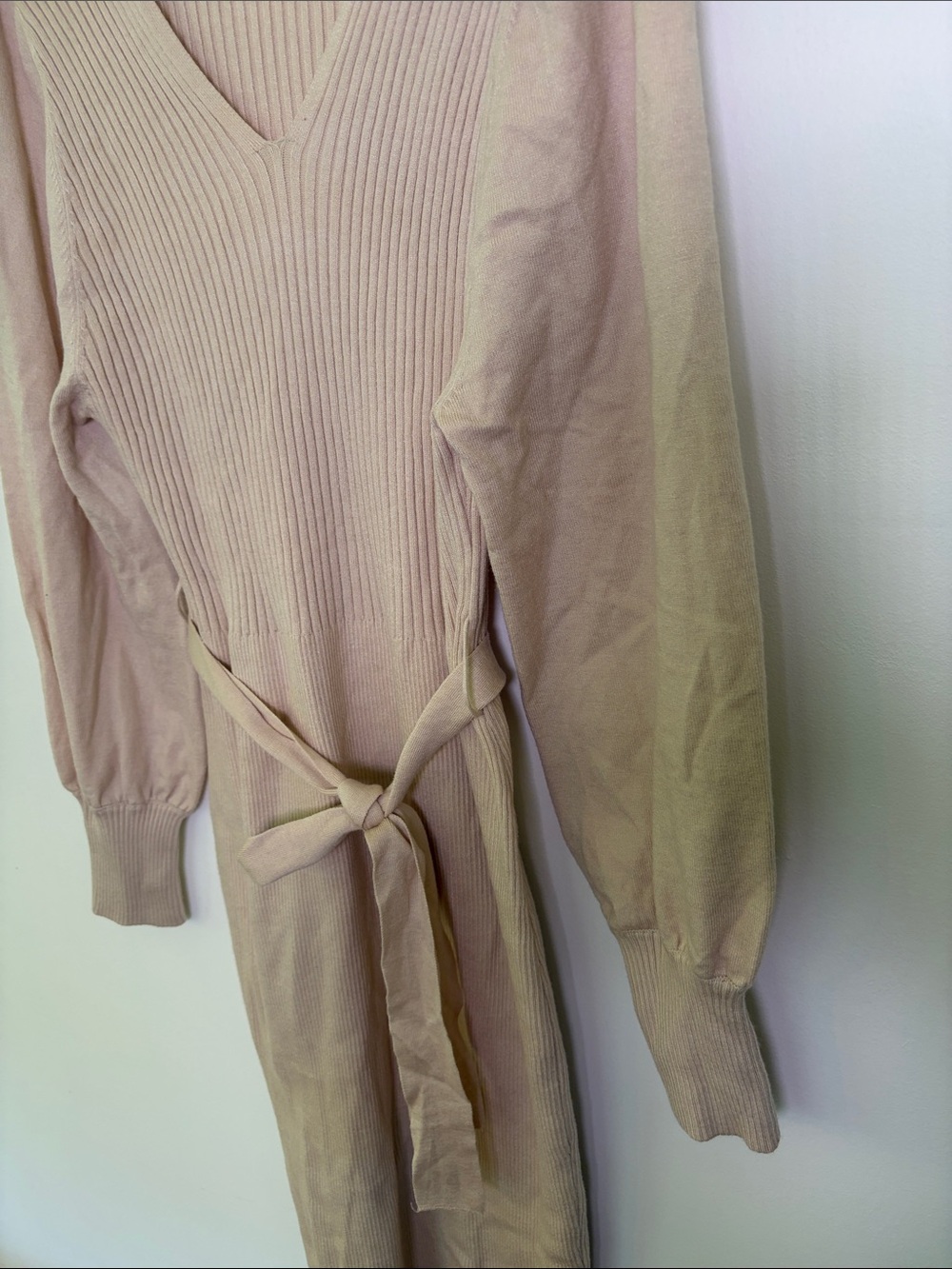 Ribbed V-Neck Belted Long Sleeve Dress in Beige - Picture 4 of 9
